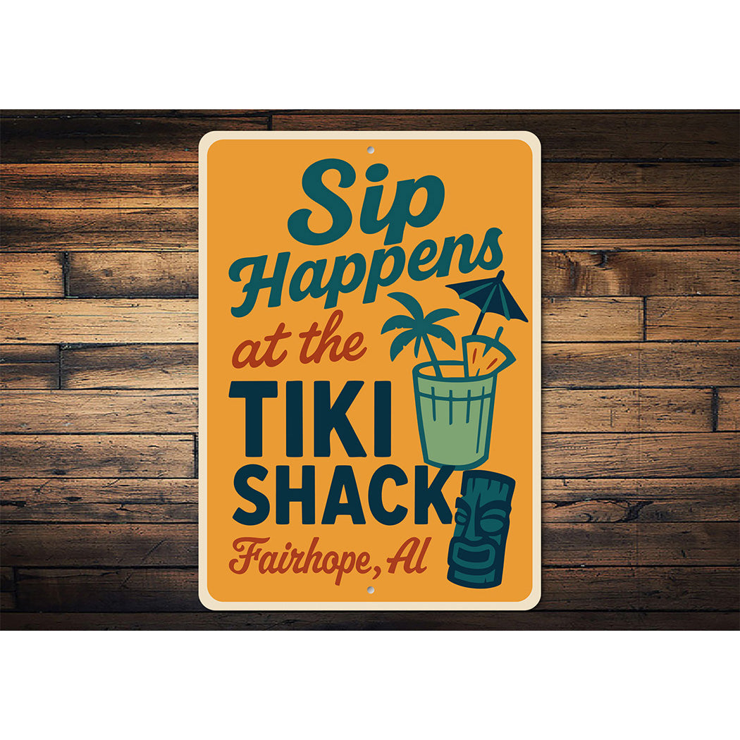 Vintage Sip Happens at the Tiki Shack Aluminum Sign