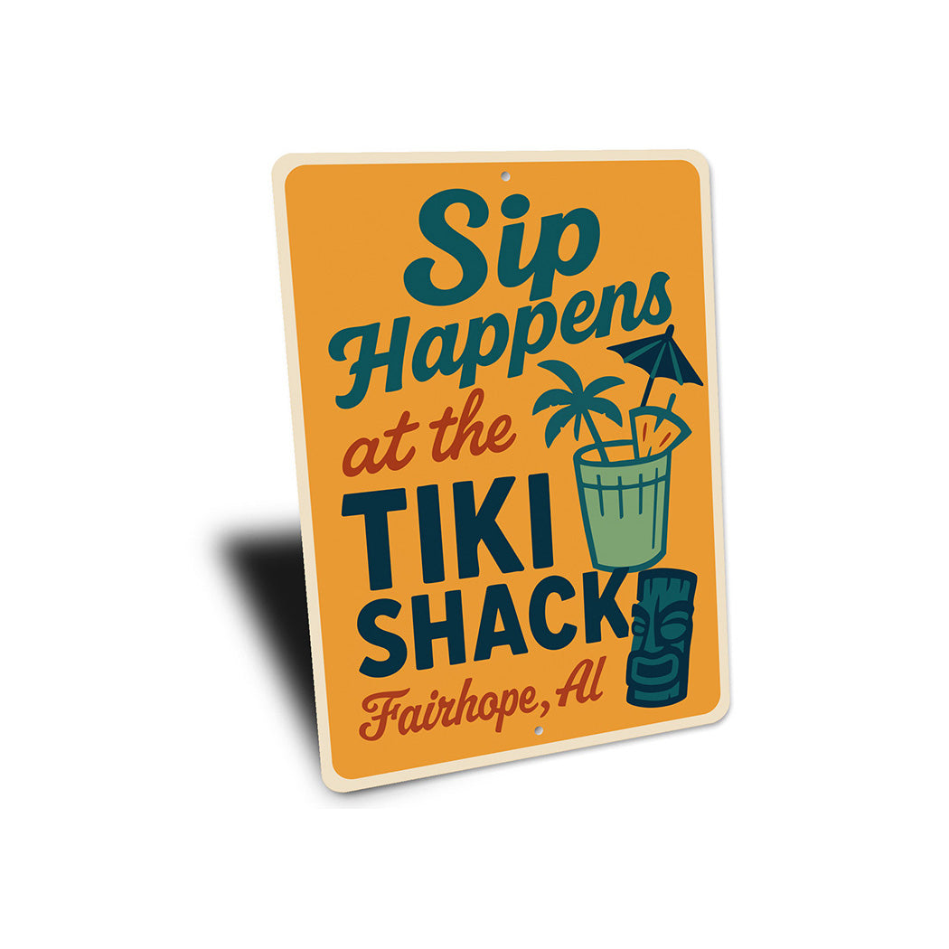 Vintage Sip Happens at the Tiki Shack Aluminum Sign