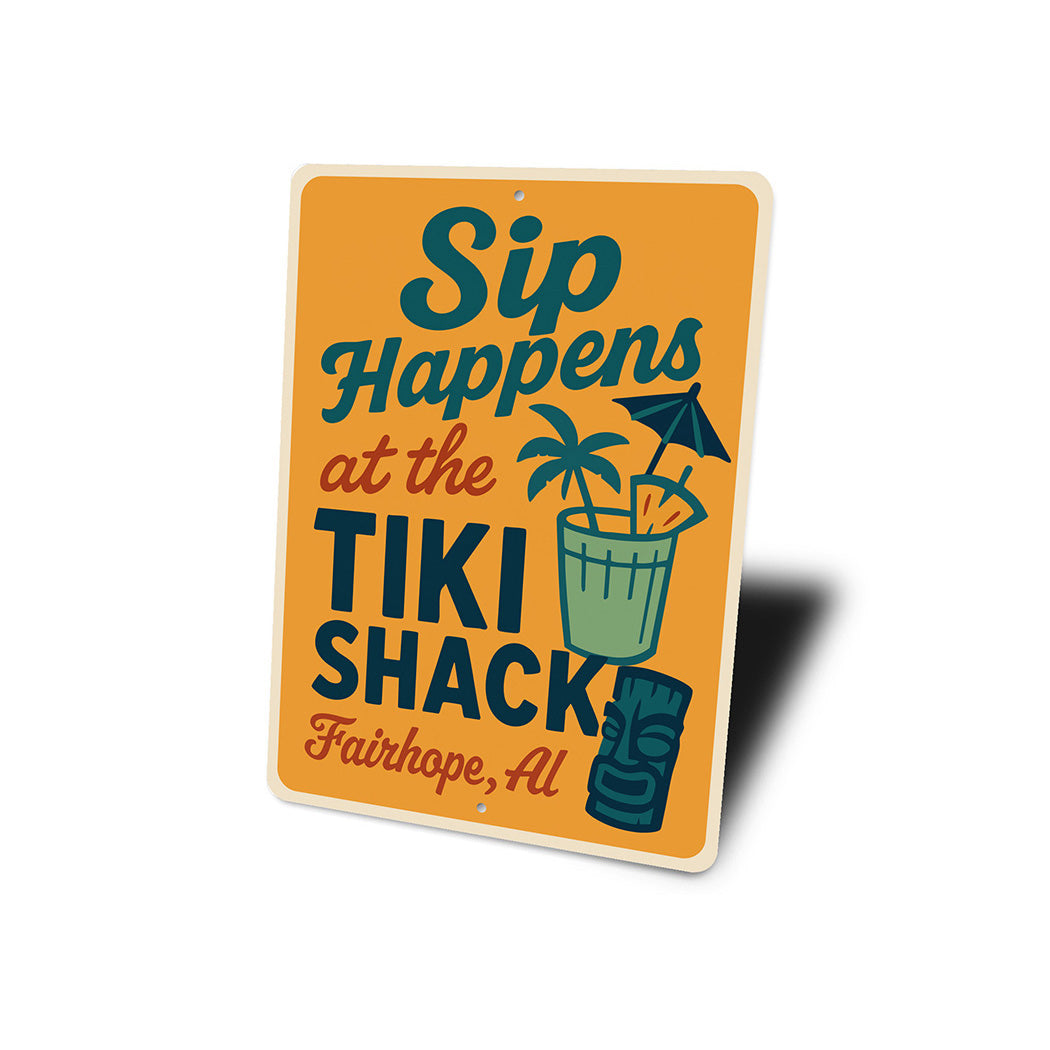 Vintage Sip Happens at the Tiki Shack Aluminum Sign