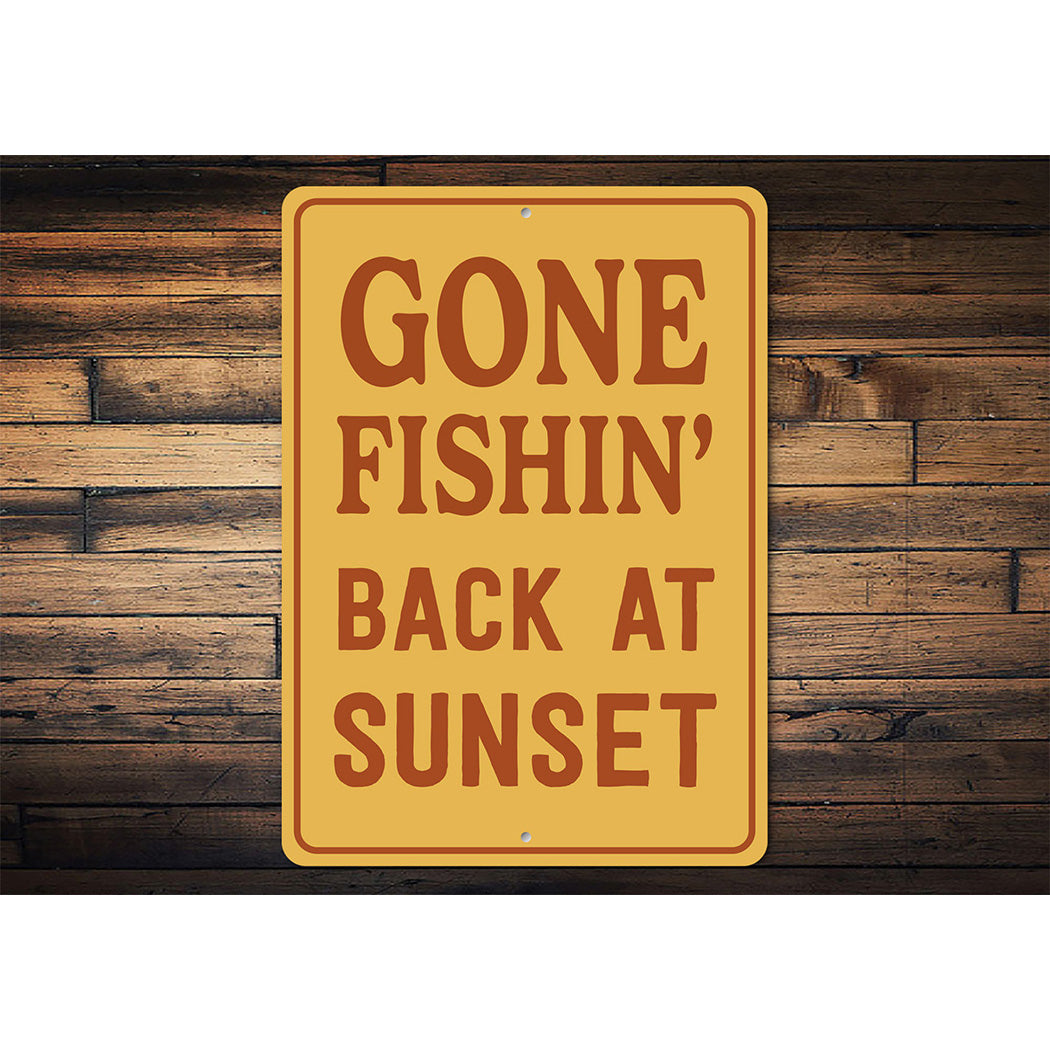 Vintage Gone Fishin Back at Sunset Aluminum Sign