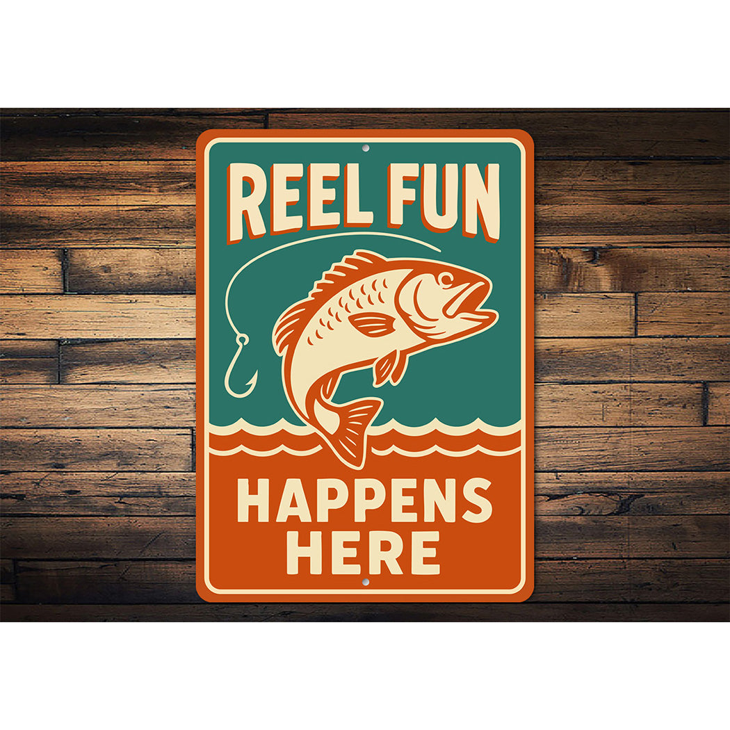 Retro Angler Metal Sign Reel Fun Happens Here Decor