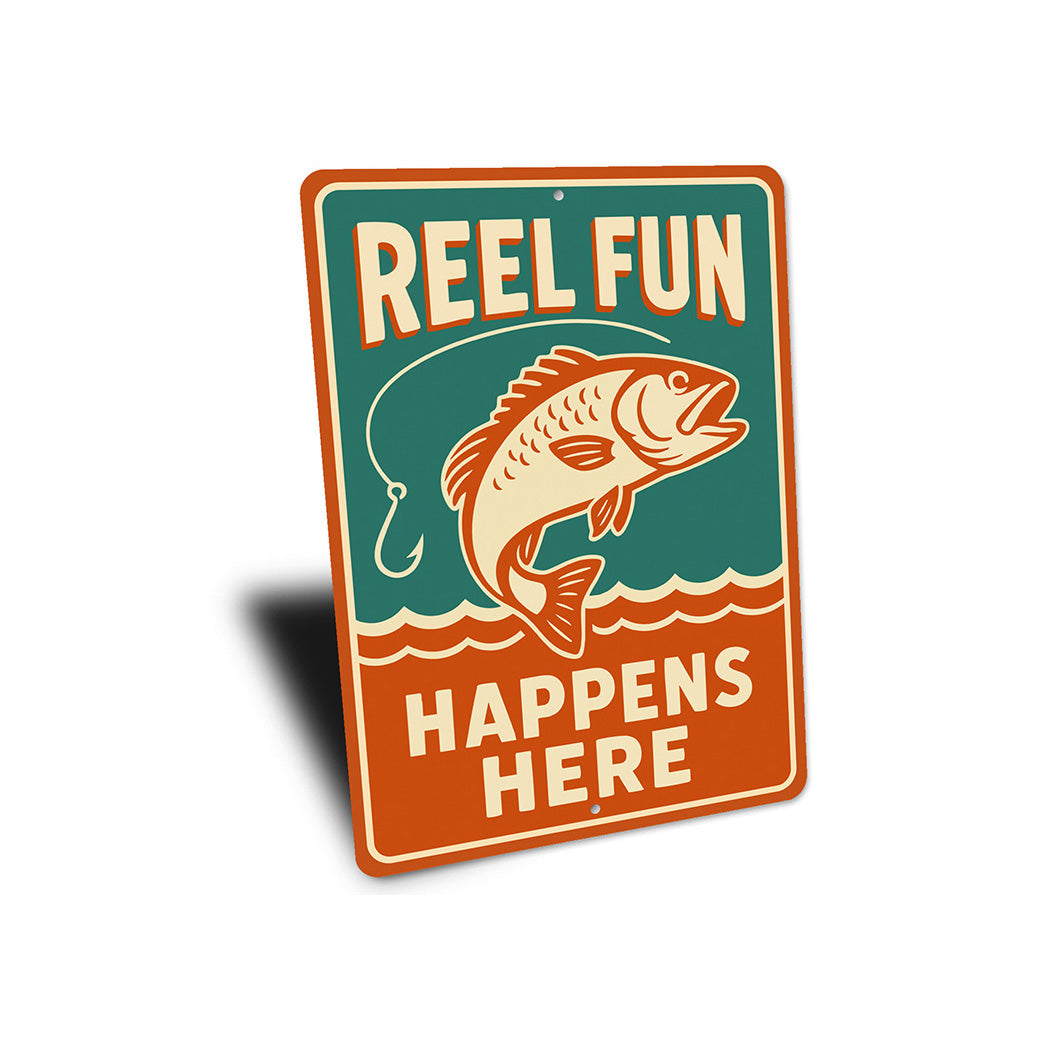 Retro Angler Metal Sign Reel Fun Happens Here Decor