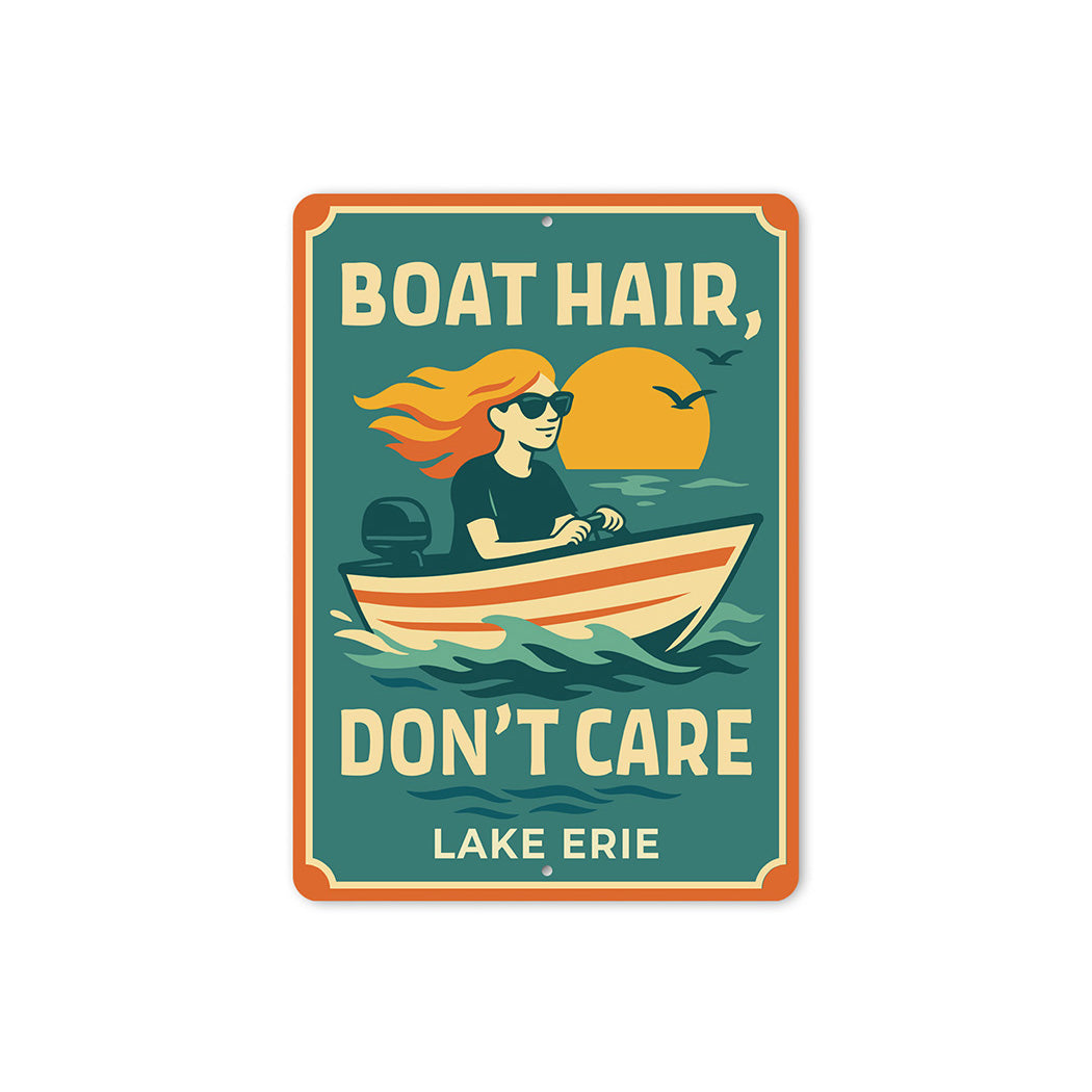 Retro Lake Metal Sign Boat Hair Don't Care Lake Erie Decor