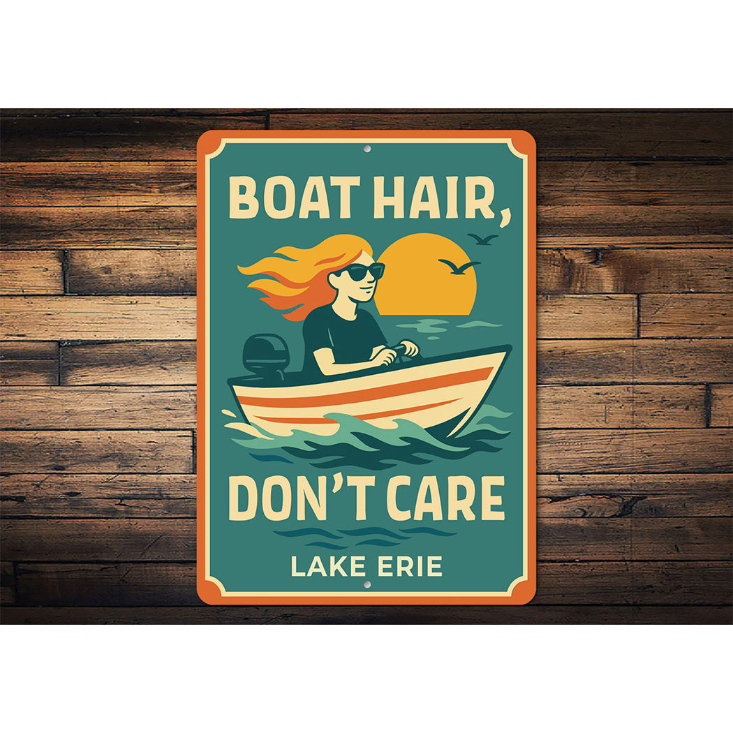 Retro Lake Metal Sign Boat Hair Don't Care Lake Erie Decor