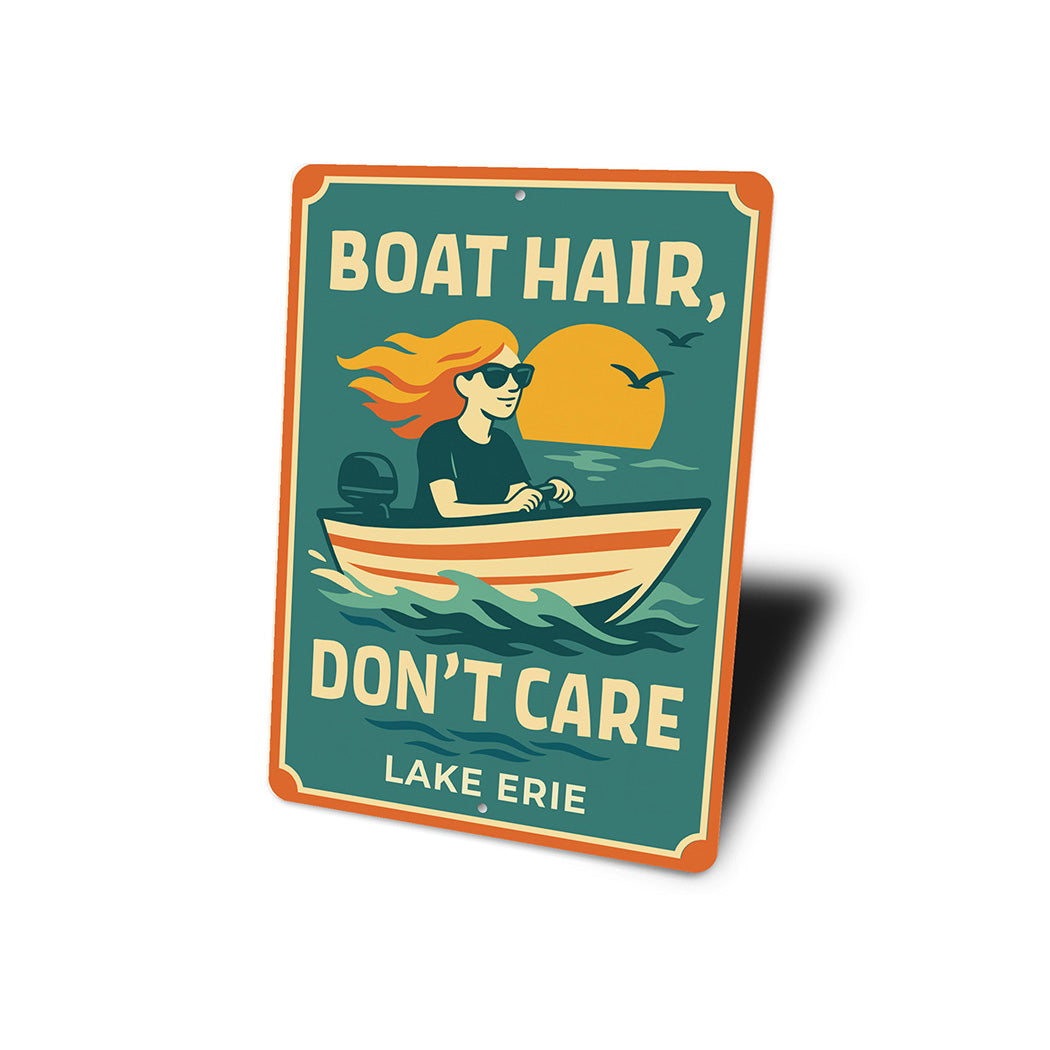 Retro Lake Metal Sign Boat Hair Don't Care Lake Erie Decor