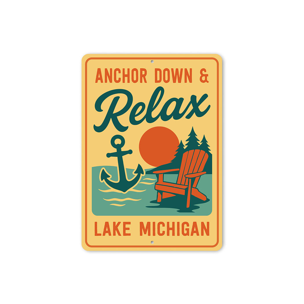 Nautical Lake Metal Sign Anchor Down Relax Lake Michigan
