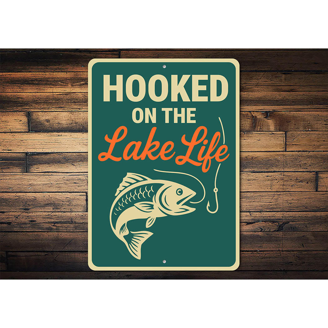 Hooked on the Lake Life Aluminum Sign Nautical Wall Decor