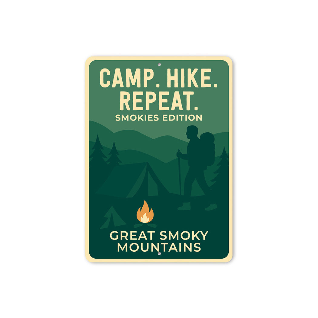 Camp Hike Repeat Sign Smokies Edition Aluminum Decor