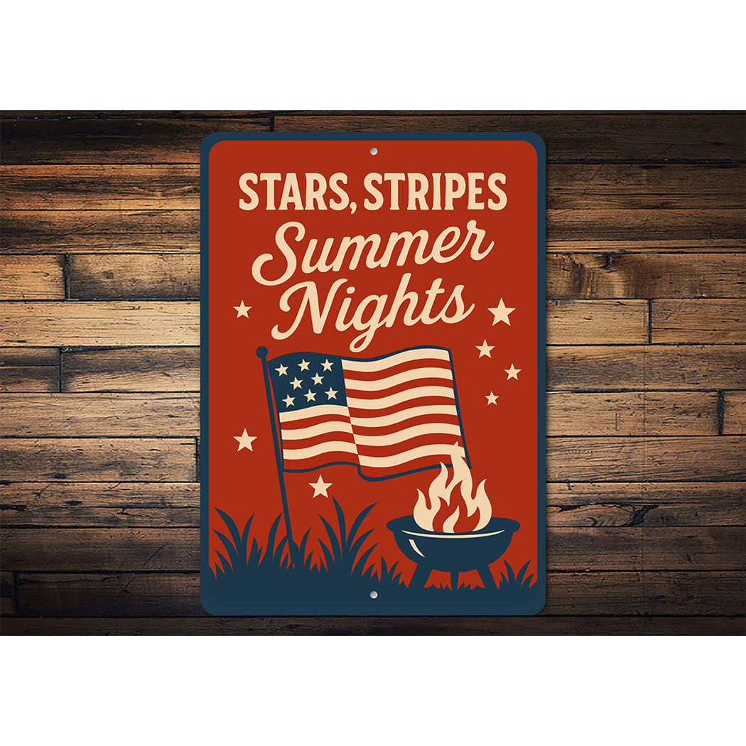 Stars Stripes Summer Nights Aluminum Sign Patriotic Decor