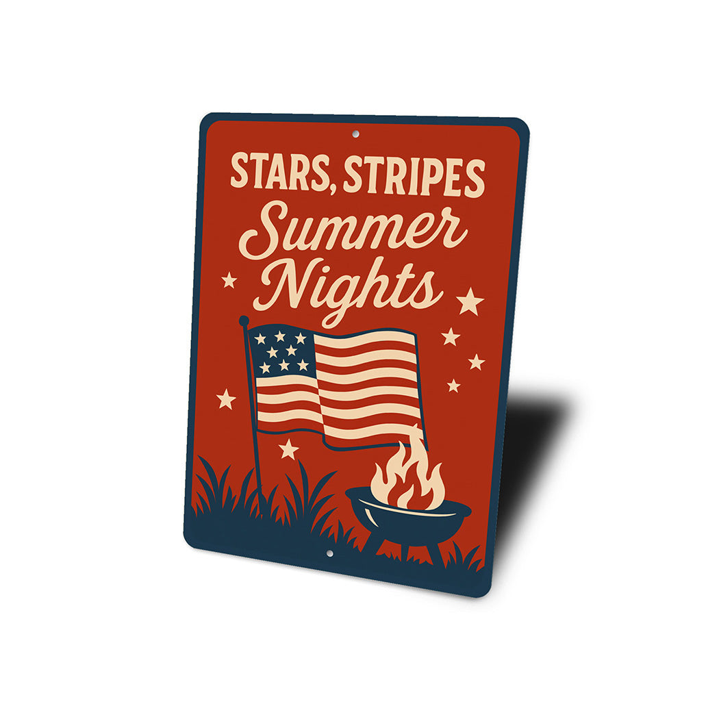 Stars Stripes Summer Nights Aluminum Sign Patriotic Decor