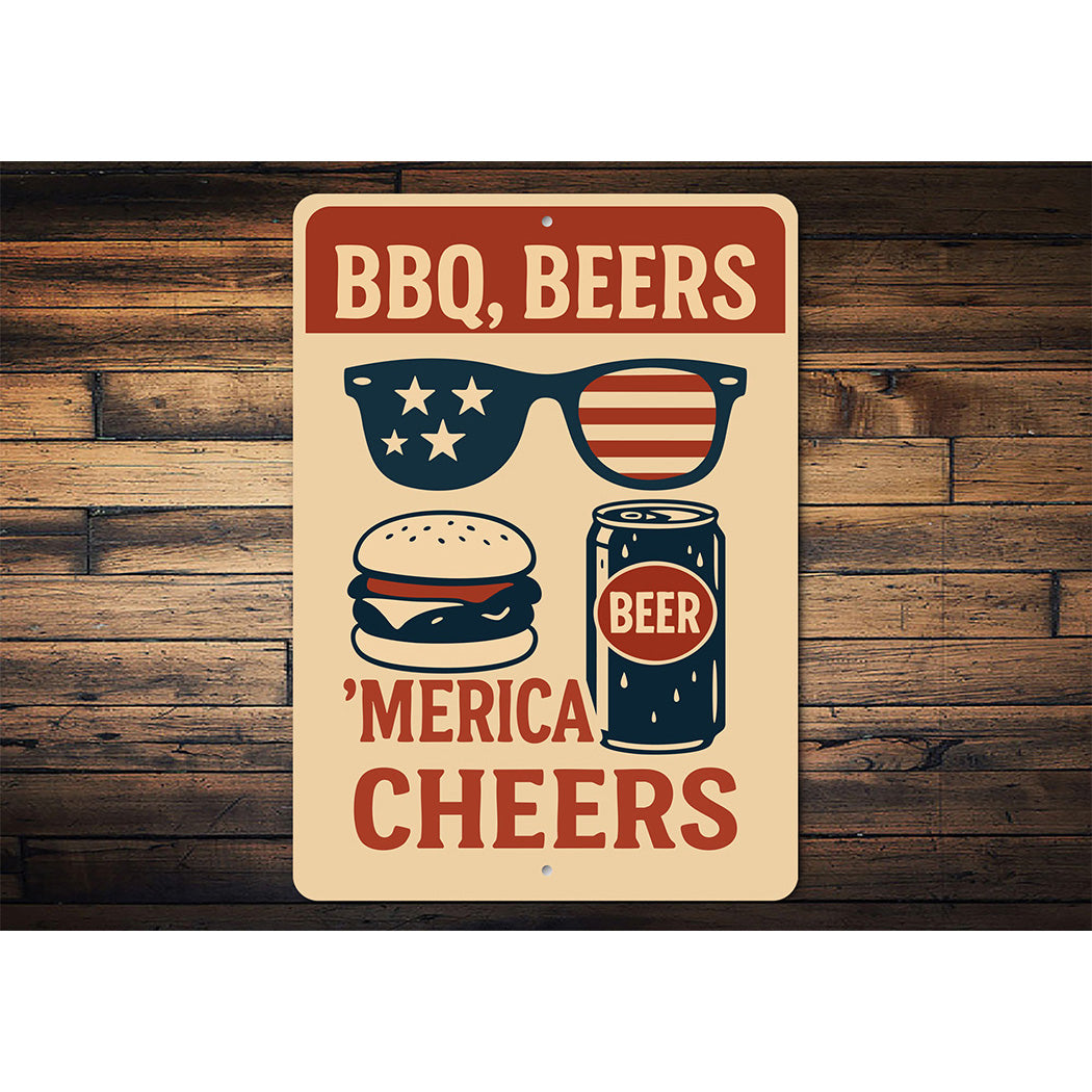 BBQ Beers & Merica Cheers Metal Sign Patriotic Party Decor
