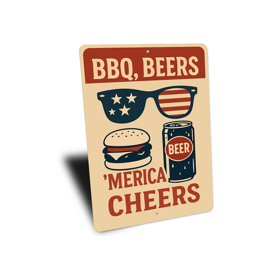 BBQ Beers & Merica Cheers Metal Sign Patriotic Party Decor