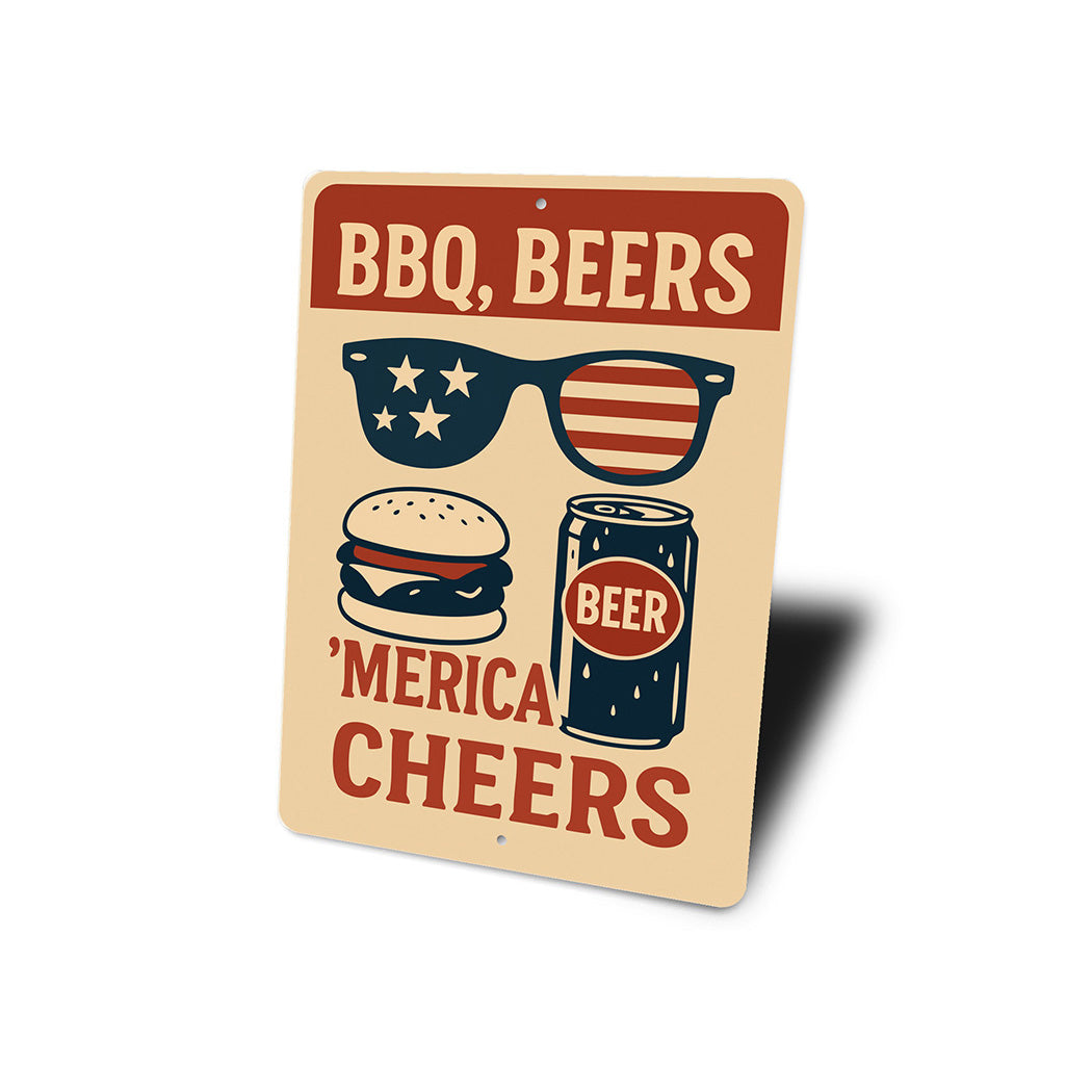 BBQ Beers & Merica Cheers Metal Sign Patriotic Party Decor