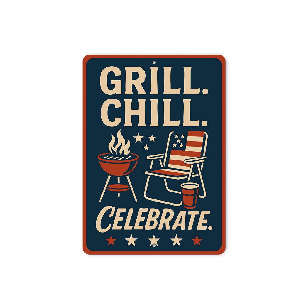 Grill Chill Celebrate Metal Sign Backyard BBQ Party Decor