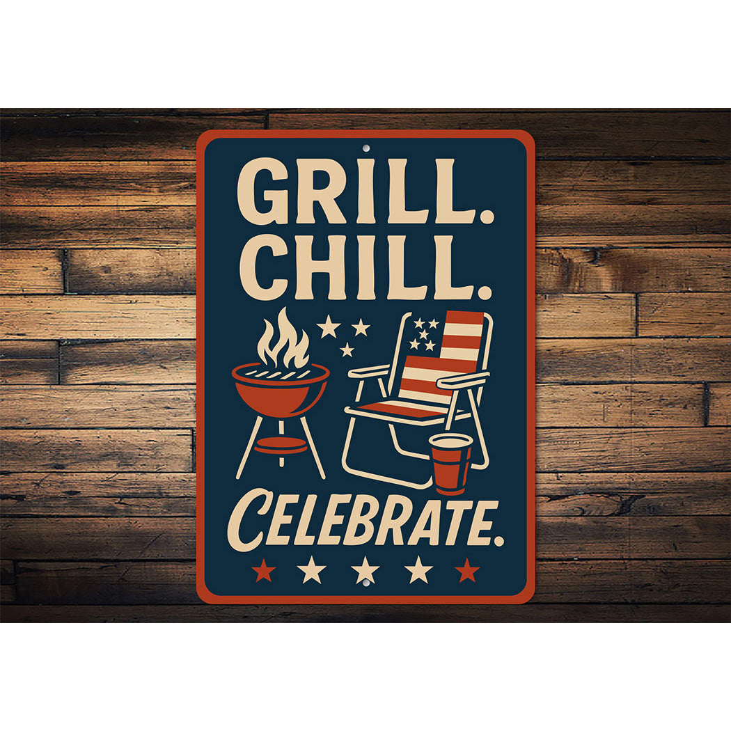 Grill Chill Celebrate Metal Sign Backyard BBQ Party Decor