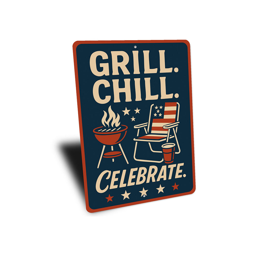 Grill Chill Celebrate Metal Sign Backyard BBQ Party Decor