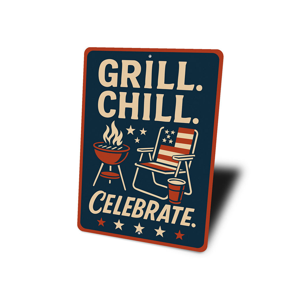 Grill Chill Celebrate Metal Sign Backyard BBQ Party Decor