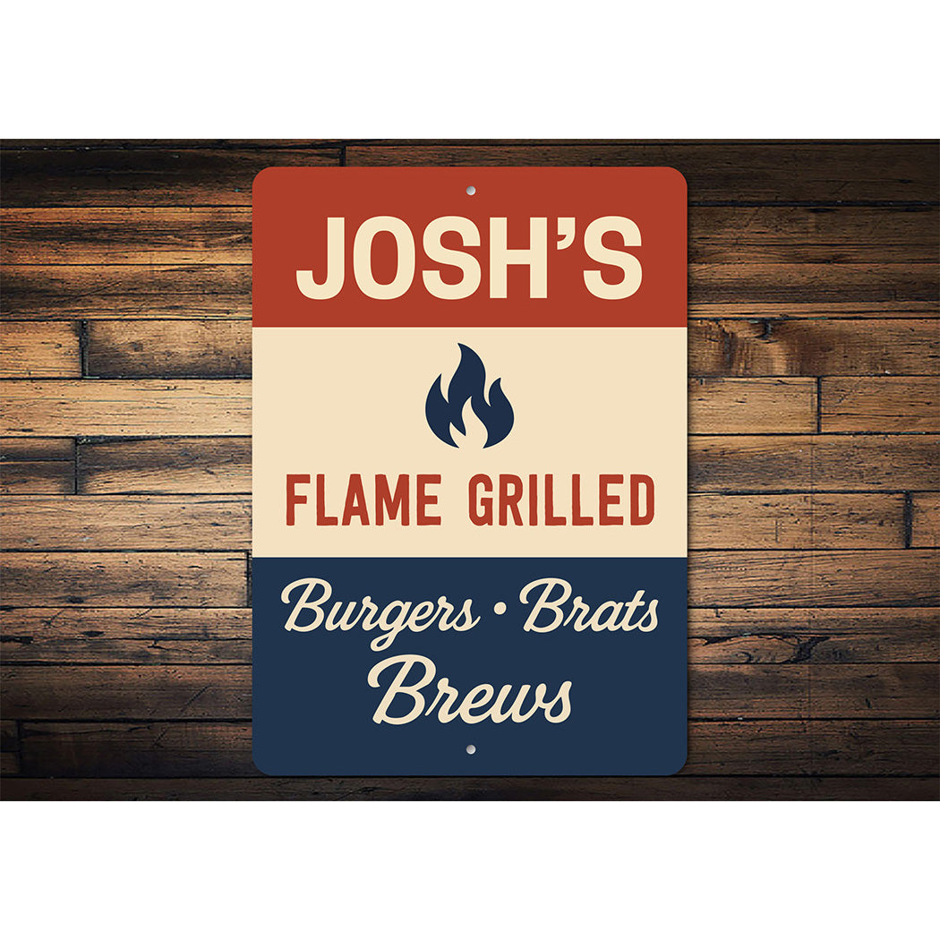 Personalized Flame Grilled Burgers Brats Brews Metal Sign