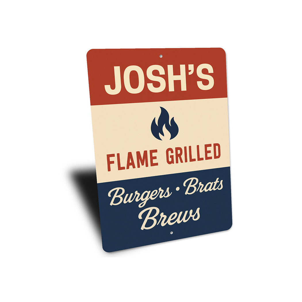 Personalized Flame Grilled Burgers Brats Brews Metal Sign