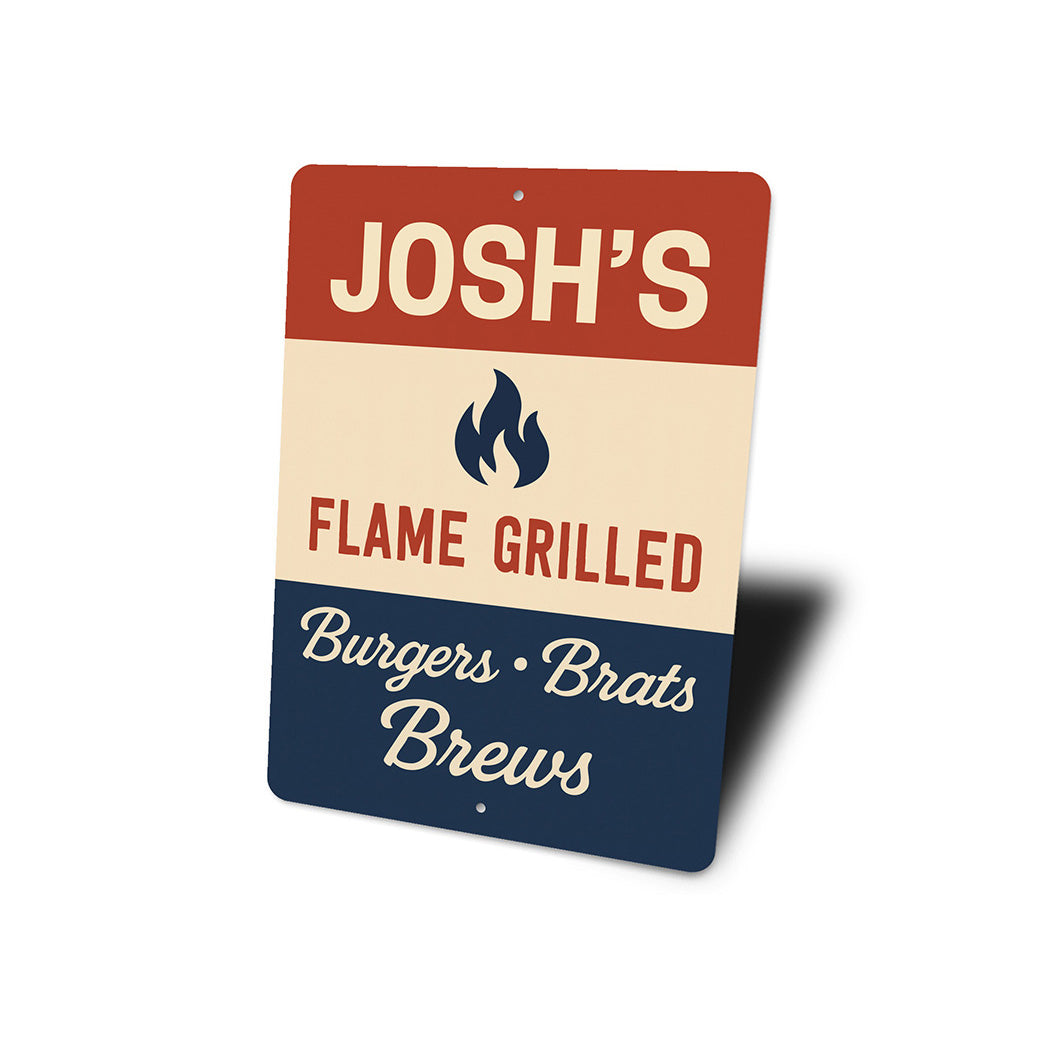 Personalized Flame Grilled Burgers Brats Brews Metal Sign