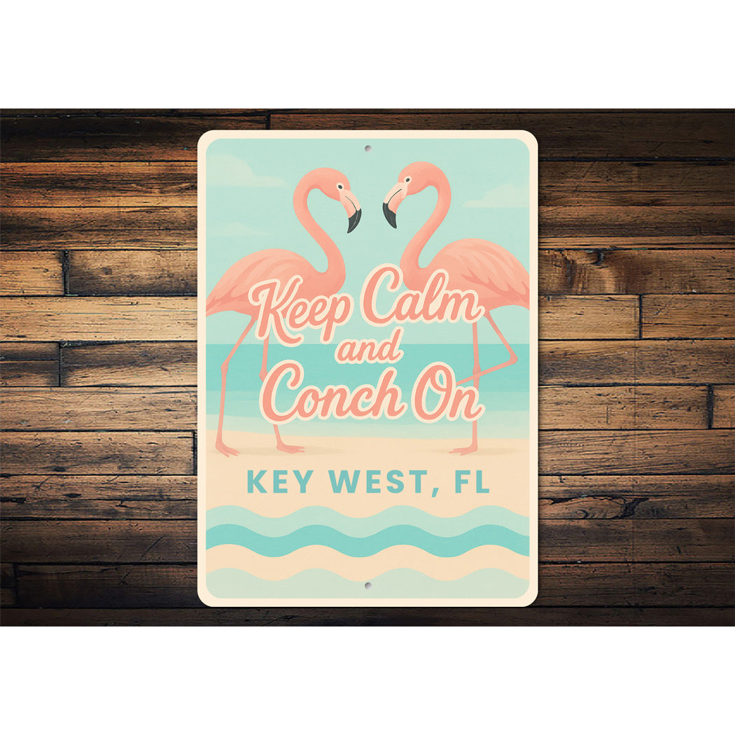 Flamingos Keep Calm And Conch On Pastel Beach Vibes Sign