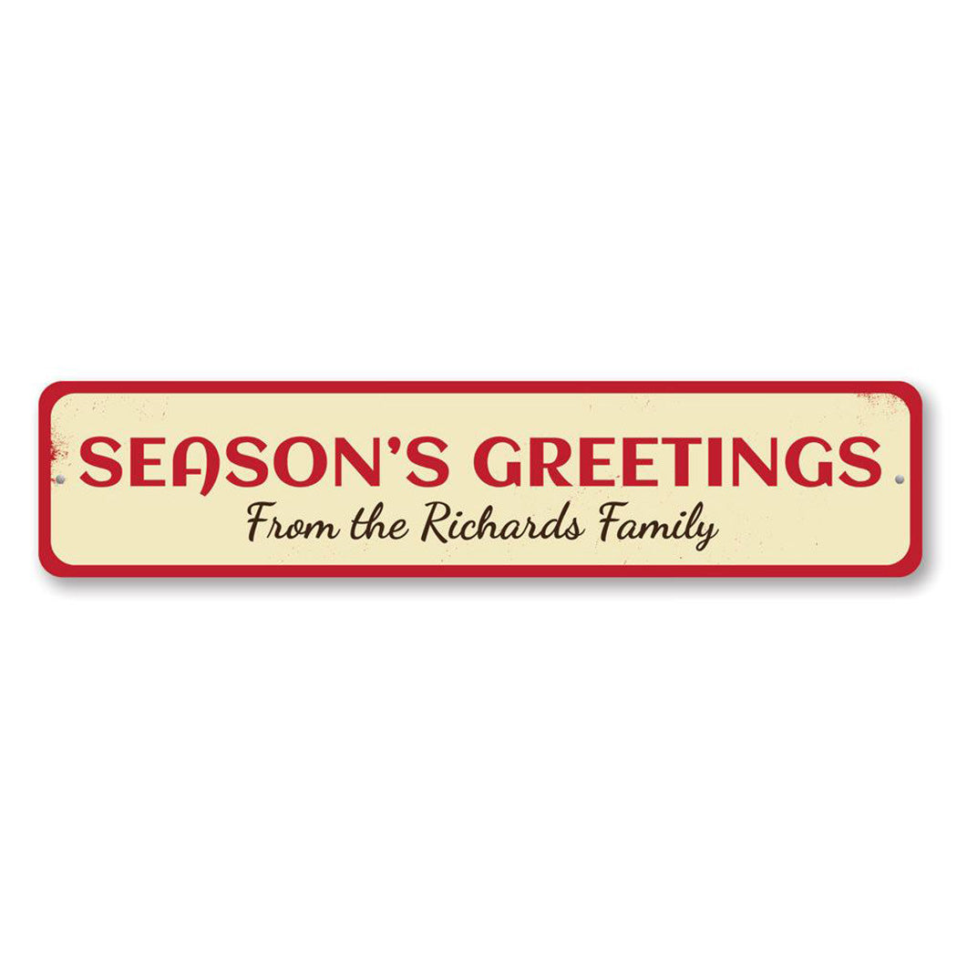 Season's Greetings Family Name Metal Sign