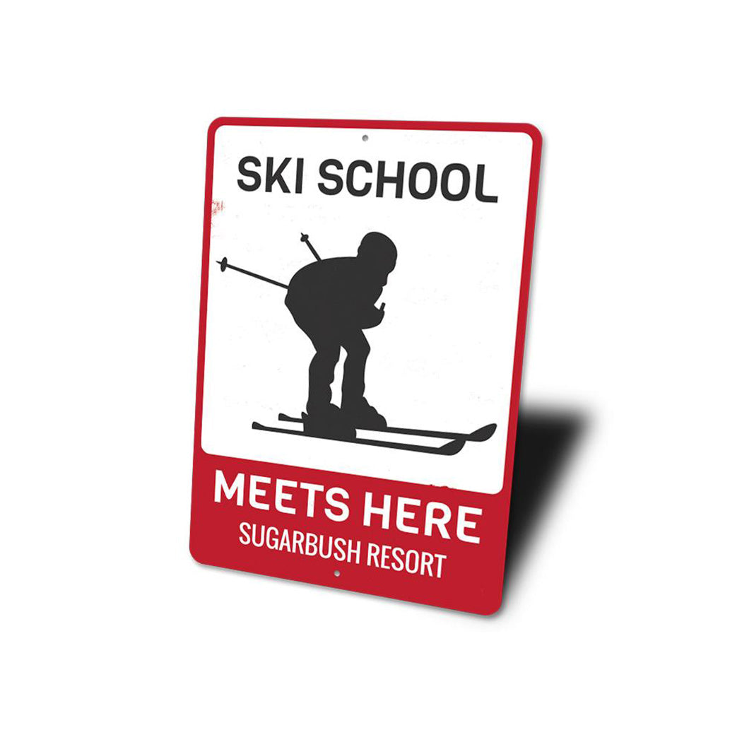 Ski School Meets Here Sign
