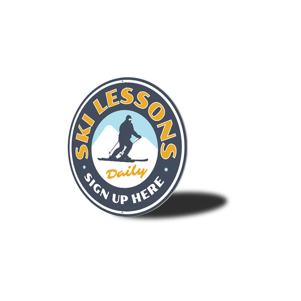 Ski Lessons Circle Metal Sign