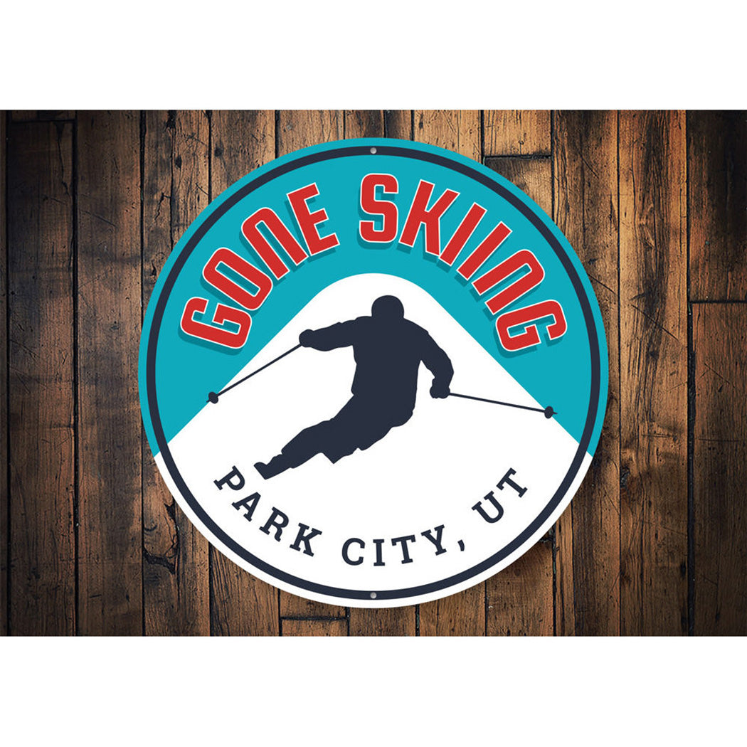 Gone Skiing Circle Sign Aluminum Sign