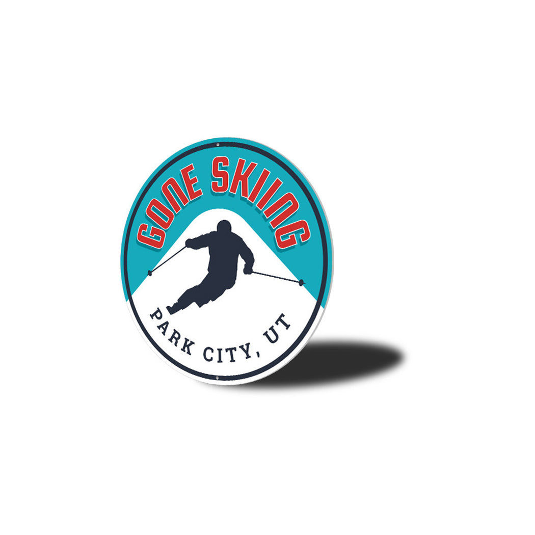 Gone Skiing Circle Metal Sign