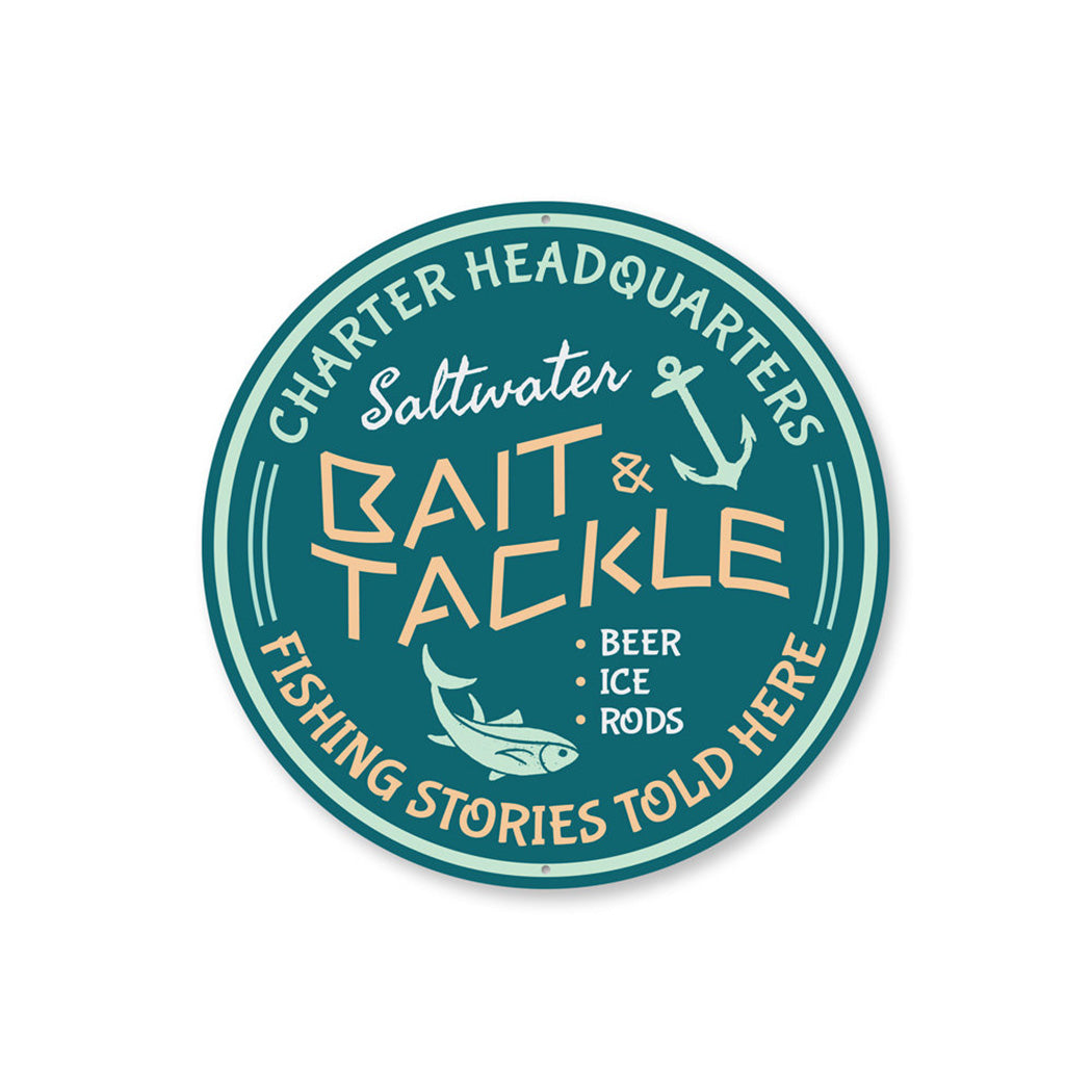 Saltwater Bait & Tackle Sign, Fishing Stories, Bait Shop Decorative Aluminum Sign
