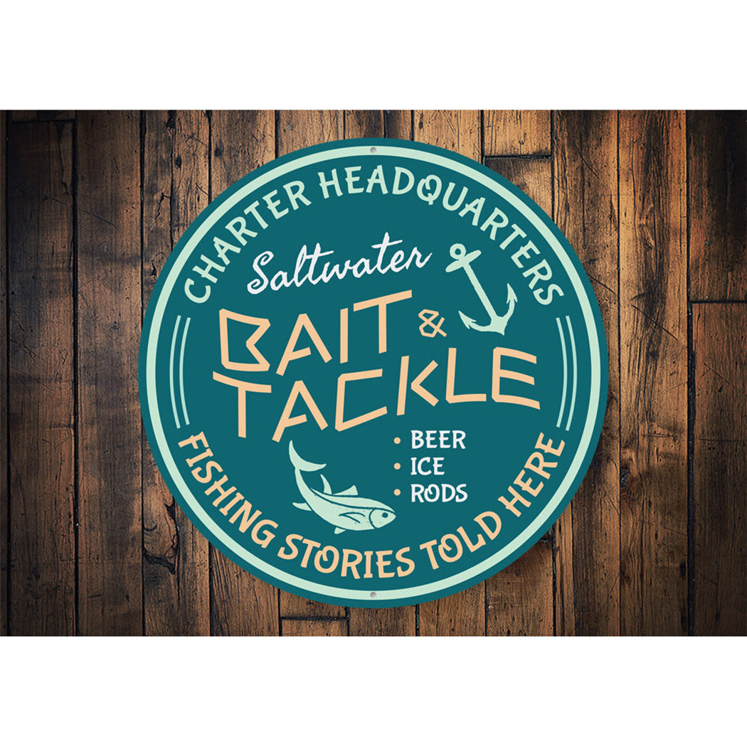 Saltwater Bait & Tackle Sign, Fishing Stories, Bait Shop Decorative Aluminum Sign