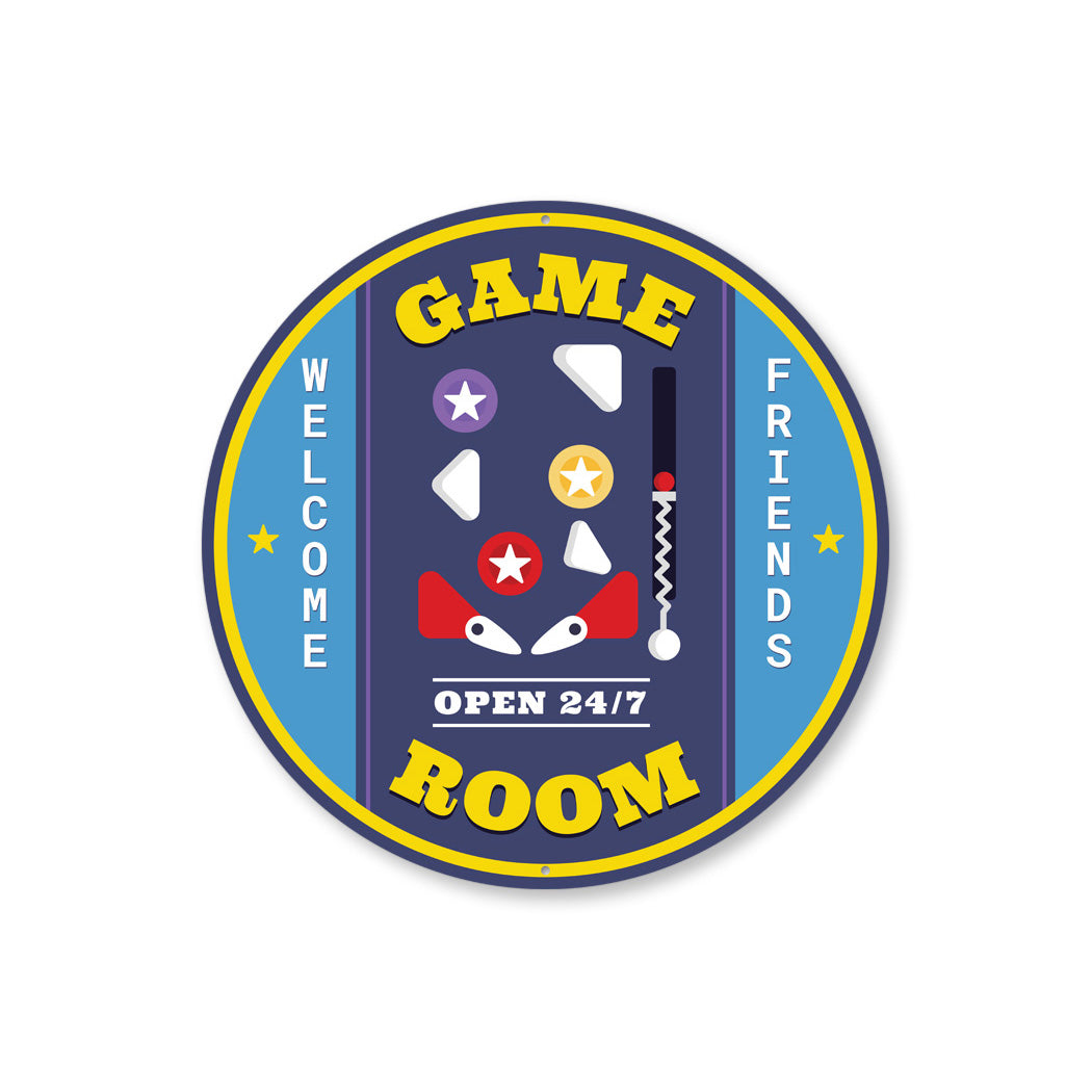 Game Room Open 24/7 Pinball Circle Sign