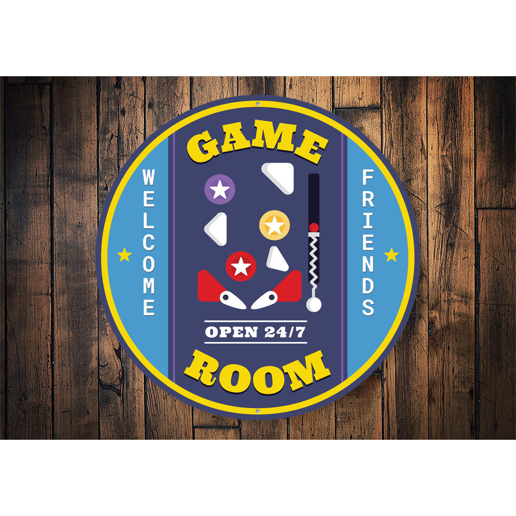 Game Room Open 24/7 Pinball Circle Sign