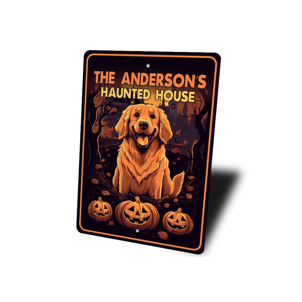Haunted House Golden Retriever Halloween Pumpkin Sign