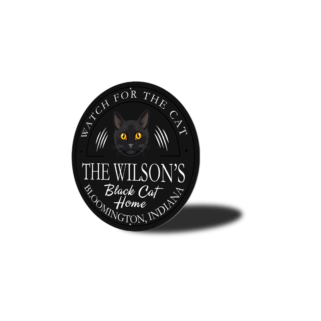 Custom Family Name Black Cat Home Round Sign