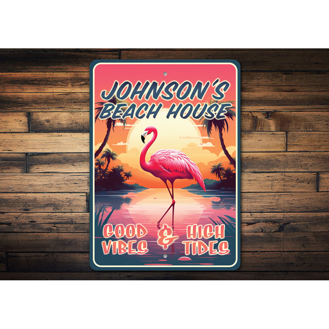 Personalized Flamingo Beach House Good Vibes Sign