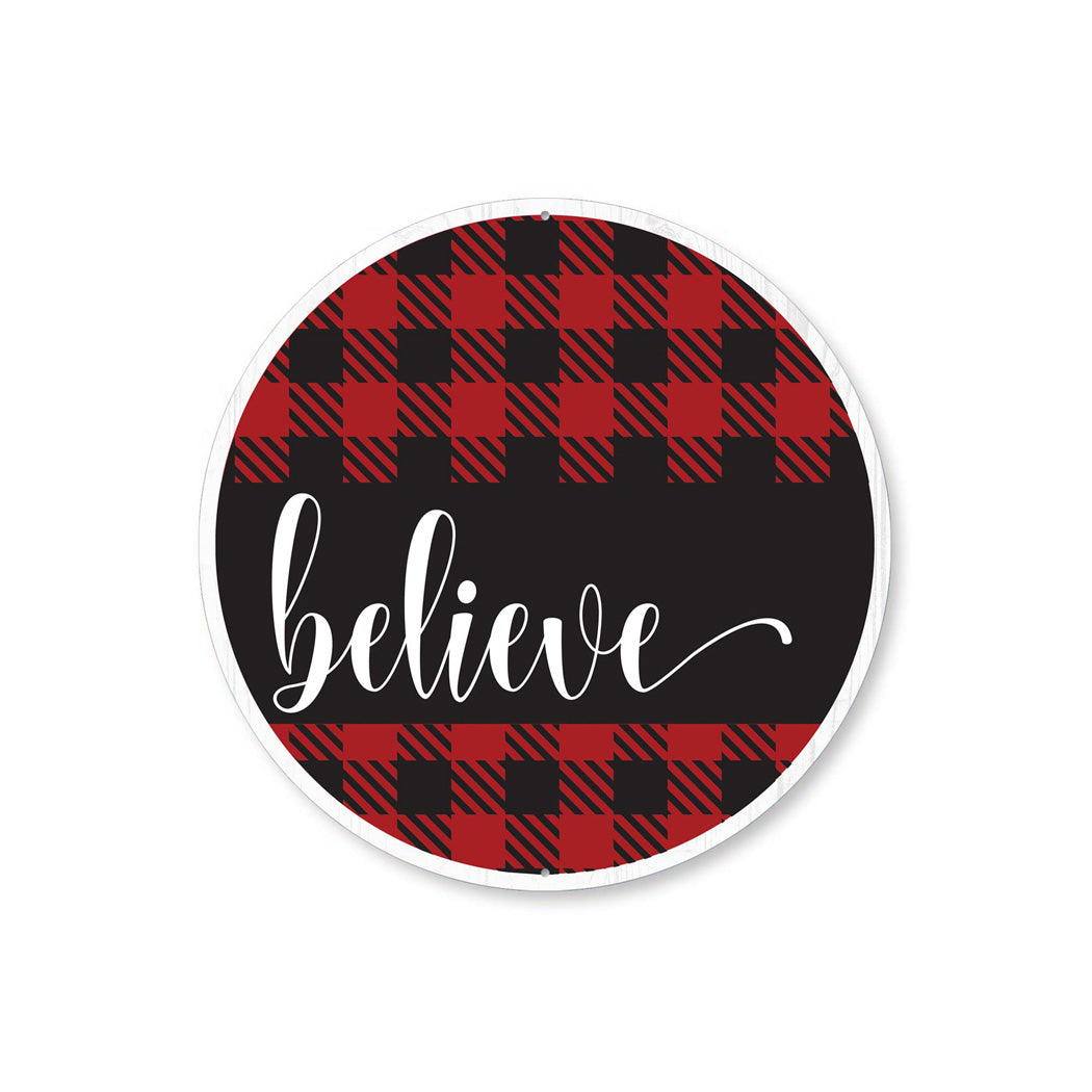 Believe Buffalo Plaid Round Sign