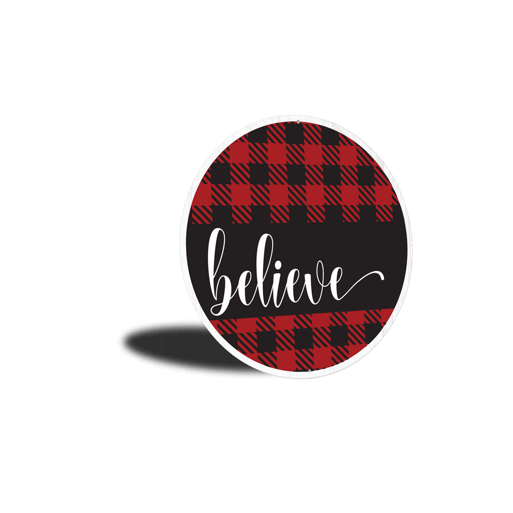Believe Buffalo Plaid Round Sign