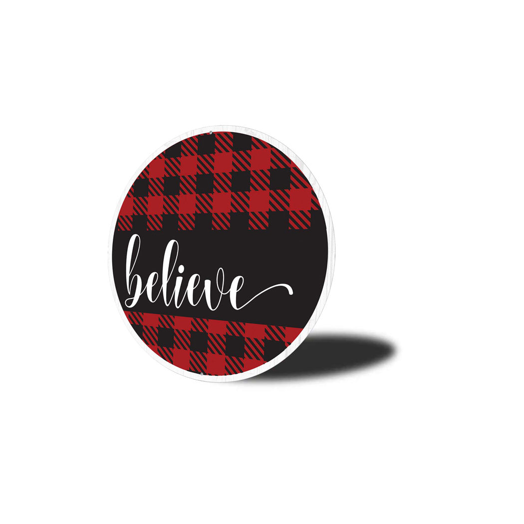 Believe Buffalo Plaid Round Sign