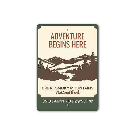 Adventure Begins Here Great Smoky Mountains Metal Park Sign