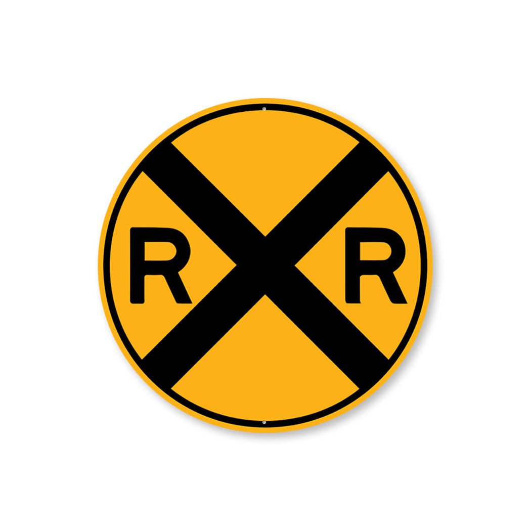 Circular Railroad Warning Sign With Large Black 'X' and 'R' On Each Side