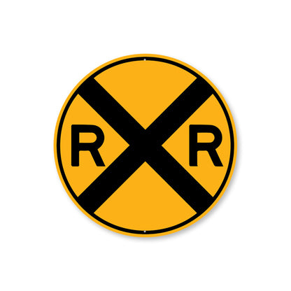 Circular Railroad Warning Sign With Large Black 'X' and 'R' On Each Side