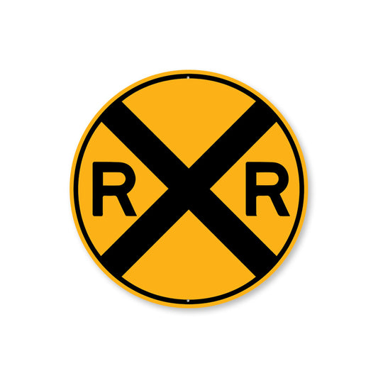 Circular Railroad Warning Sign With Large Black 'X' and 'R' On Each Side