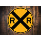 Circular Railroad Warning Sign With Large Black 'X' and 'R' On Each Side