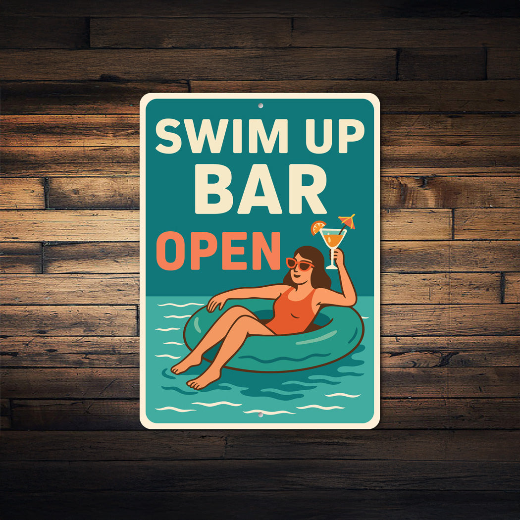 Swim-Up Bar Open Aluminum Sign Poolside Cocktail Decor