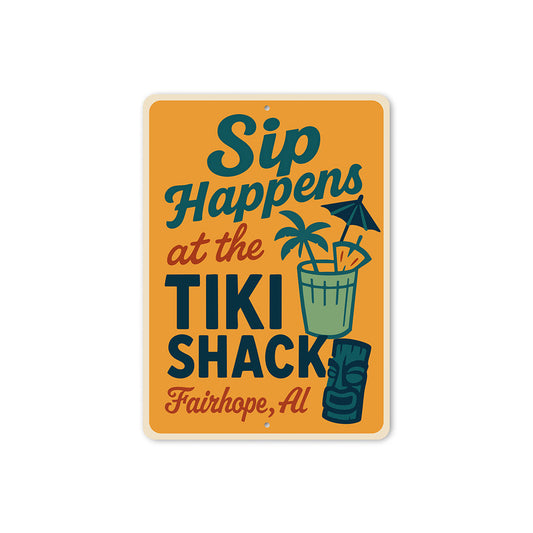 Vintage Sip Happens at the Tiki Shack Aluminum Sign