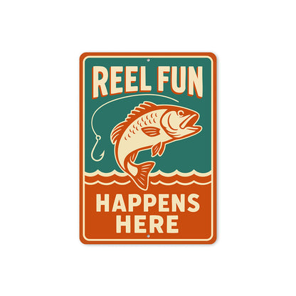 Retro Angler Metal Sign Reel Fun Happens Here Decor
