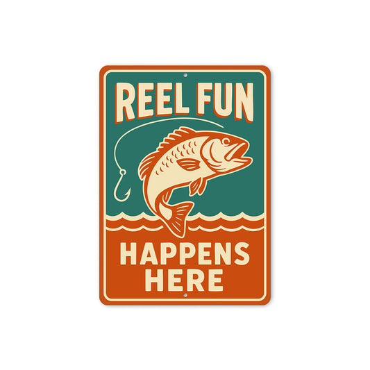 Retro Angler Metal Sign Reel Fun Happens Here Decor