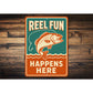 Retro Angler Metal Sign Reel Fun Happens Here Decor